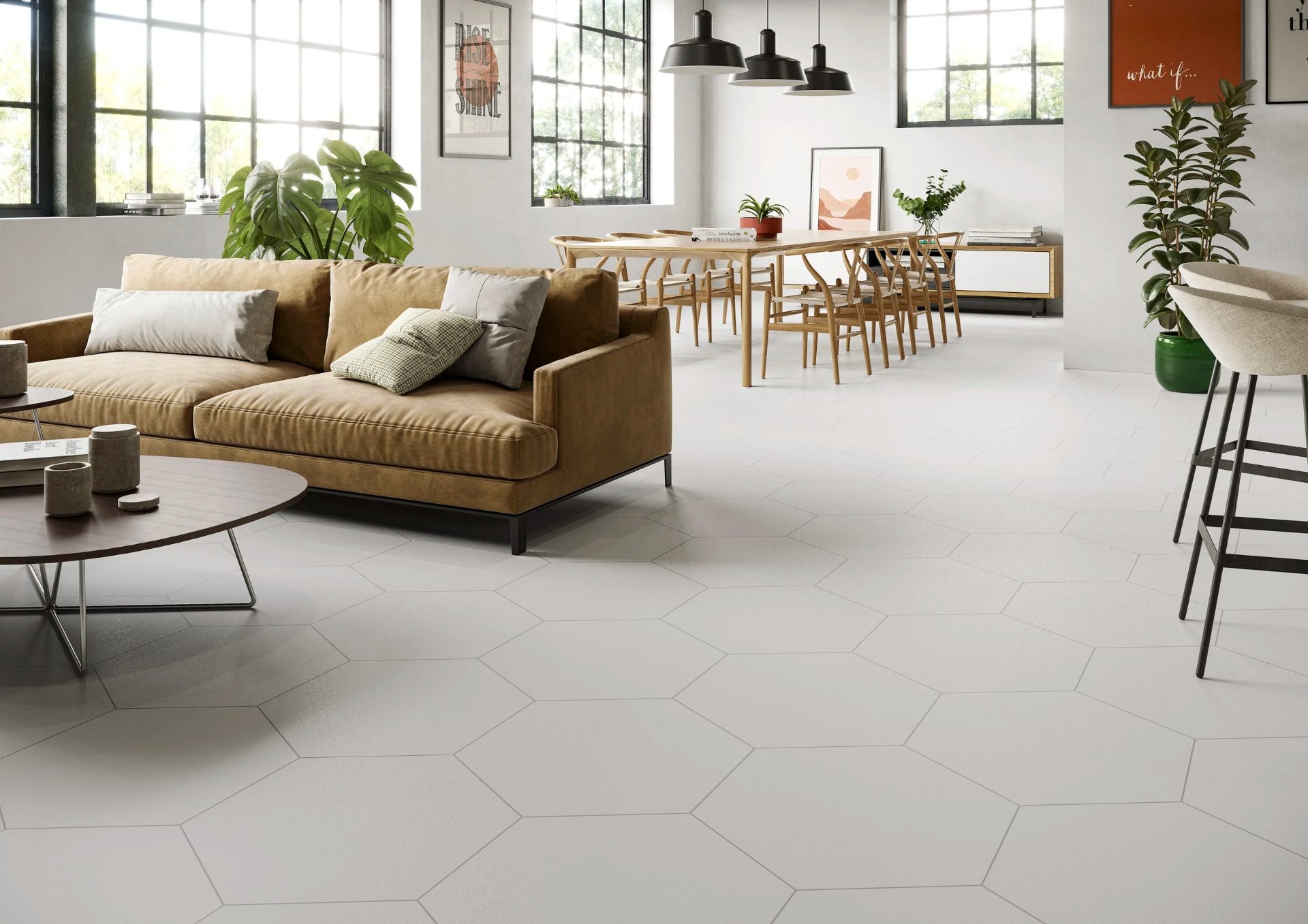Living room with hexagon floor tiles